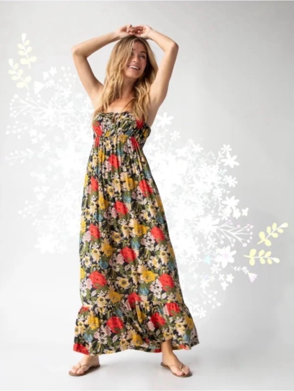 NATURAL LIFE Floral Maxi Dress in Black, Red, Yellow, Green